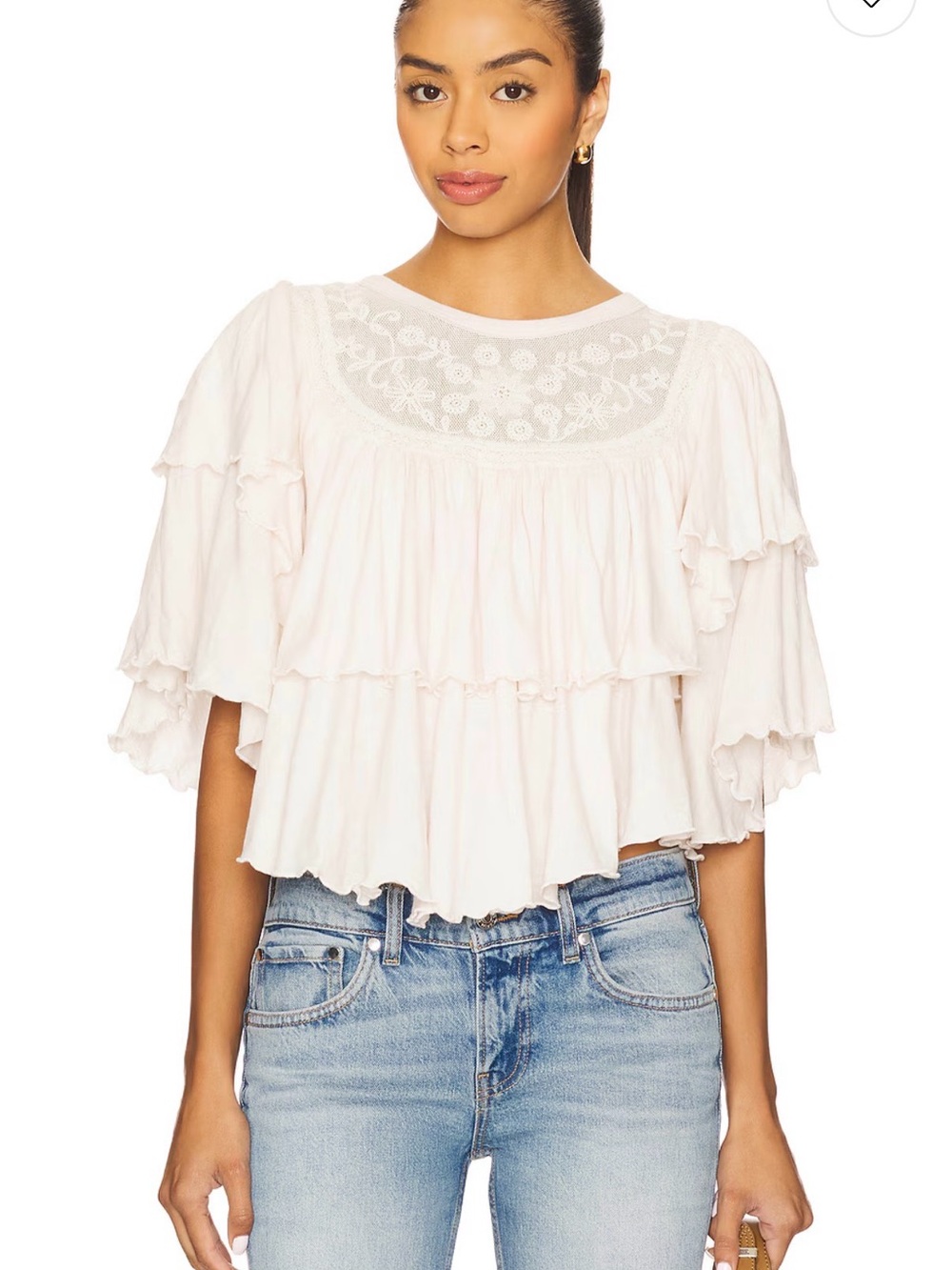Free People Rose Party Cream Tiered Ruffle Embroidered Yoke Top